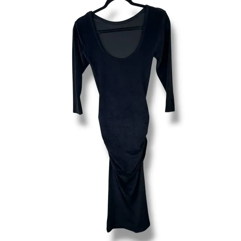 James Perse Los Angeles NWOT Black Fitted Low Back Velvet Ruched Midi Dress - Picture 6 of 11